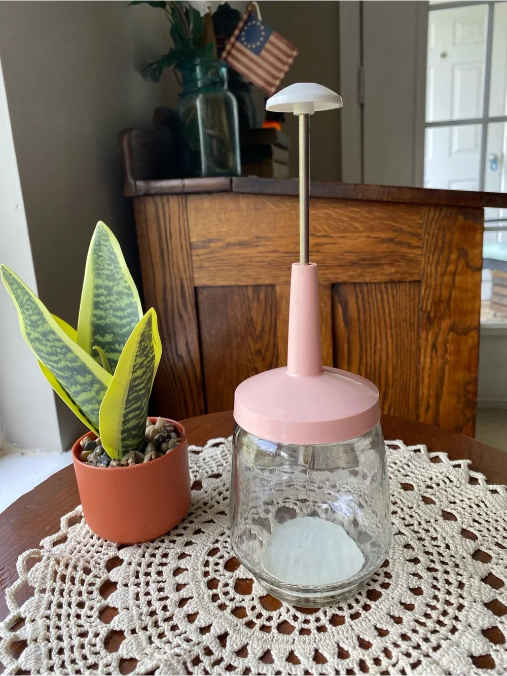 Vintage Pink Glass Hand Grinder and Jar EUC